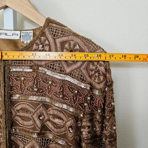 SCALA Vintage 100% Silk Beaded, Embroidered and Sequin Golden Brown Jacket Sz S - Picture 12 of 14